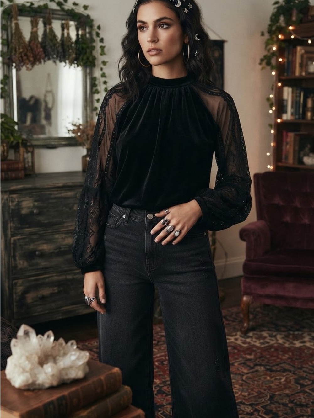 Free People Romantic Whimsigoth Dream Team Velvet & Lace Blouse - Black Top XS